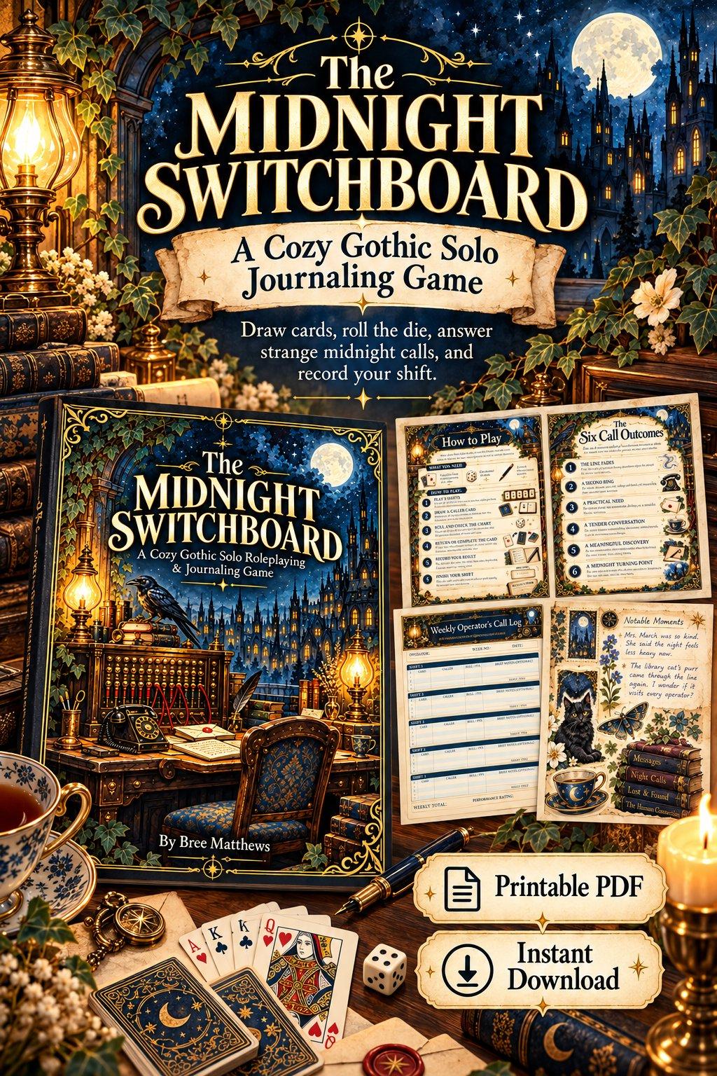 The Midnight Switchboard — a cozy gothic solo journaling game: the cover with its how-to-play page, the six call outcomes chart, the weekly call log, and a journal page — printable PDF, instant download