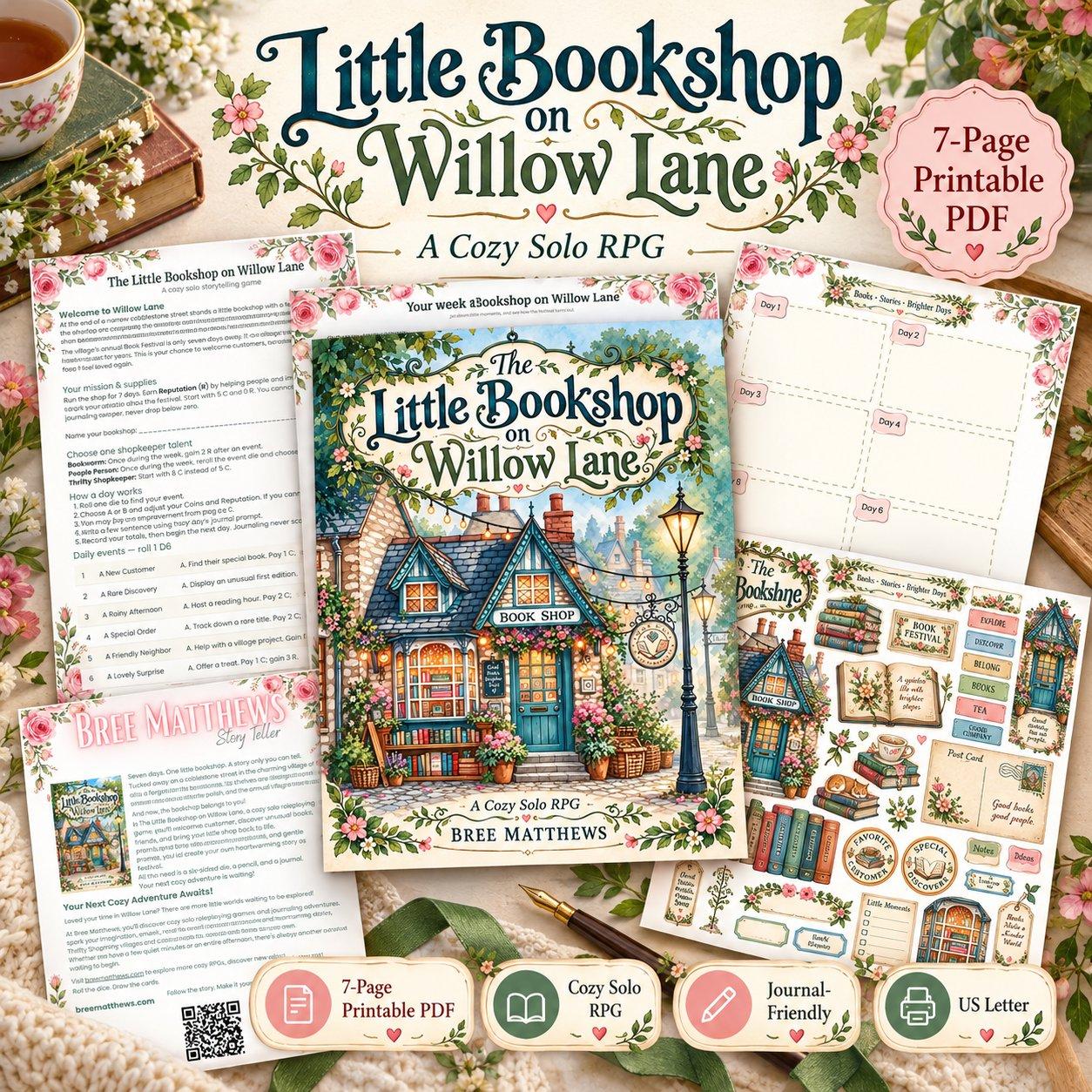 The Little Bookshop on Willow Lane — cozy solo RPG, 7-page printable PDF shown with its pages, journal cutouts, and a cup of tea