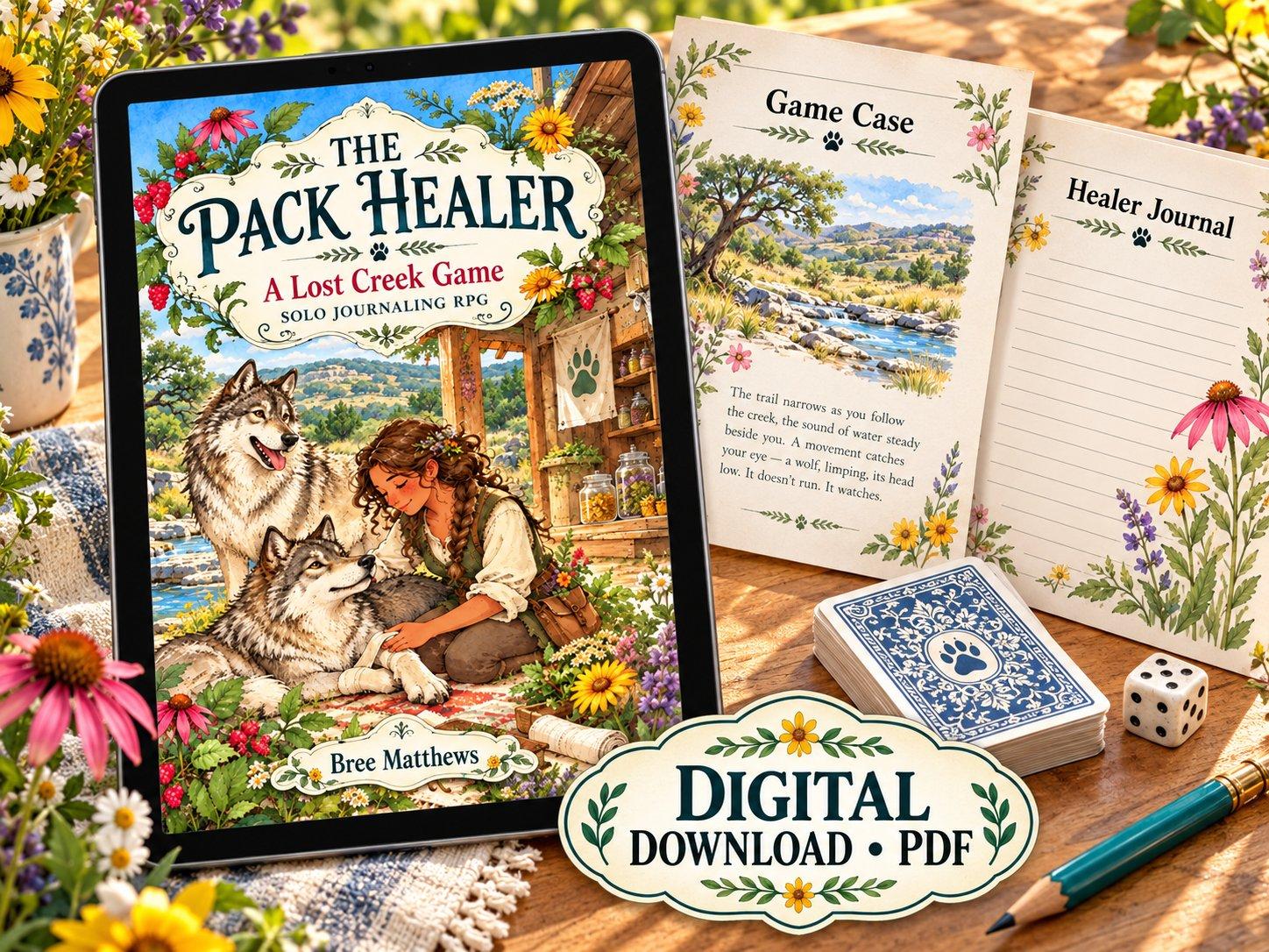 The Pack Healer solo journaling RPG on a tablet, with a game case page and healer journal pages — digital download PDF