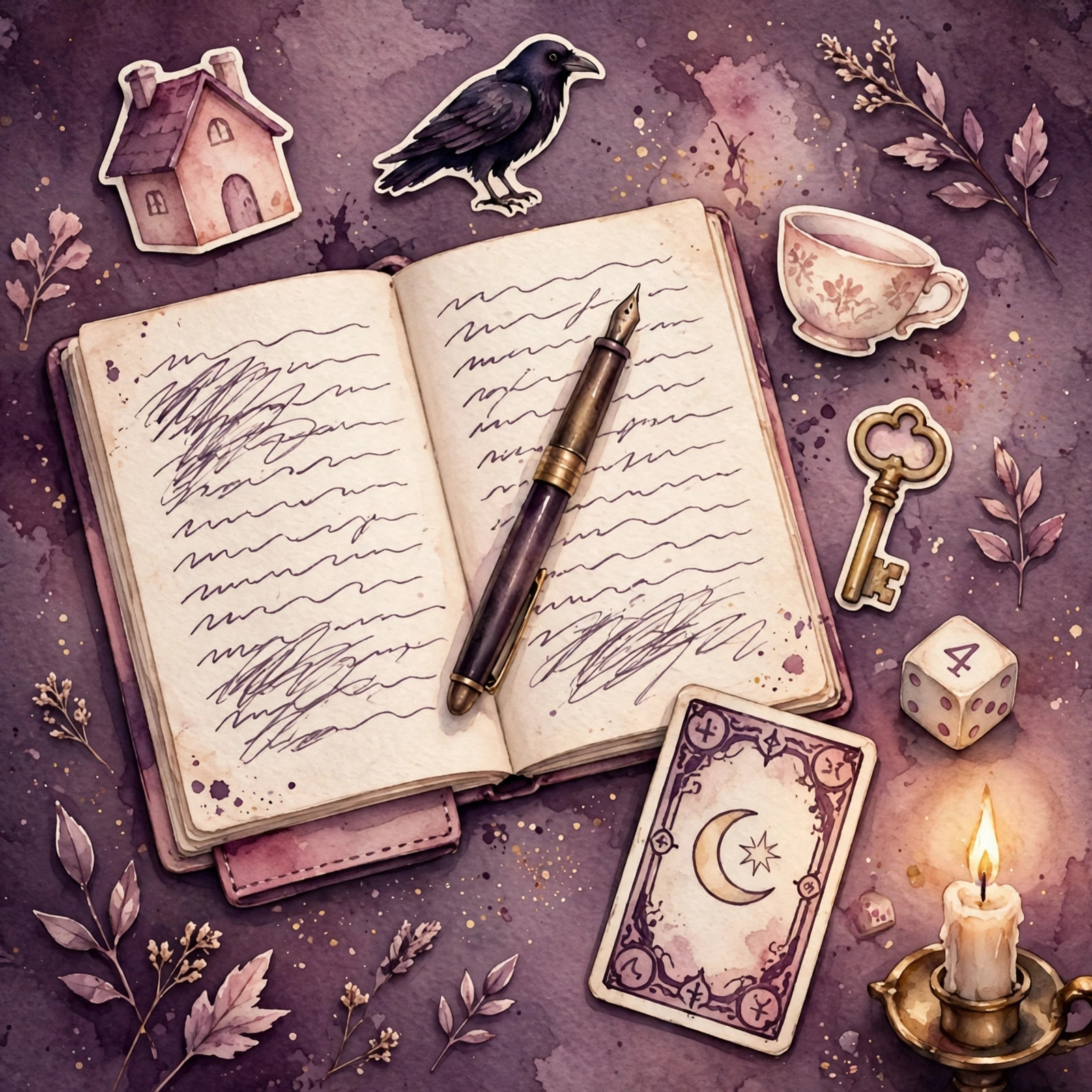 A journal being written in, surrounded by stickers, a tarot card, a die, and candlelight