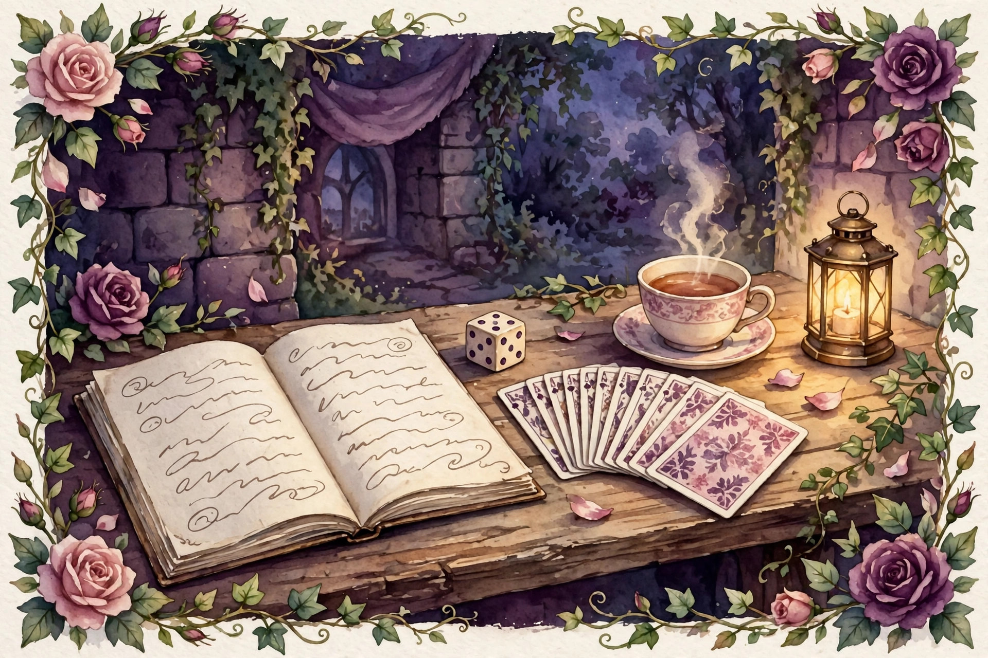 A cozy desk with an open journal, a six-sided die, a fan of cards, a cup of tea, and a lantern